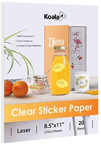 Koala bedruckbares transparentes Aufkleberpapier – nur für Laserdrucker – 21,6 x 27,9 cm 20 Blatt volles Blatt 100% transparentes Etikettenpapier für DIY personalisierte Aufkleber, Etiketten