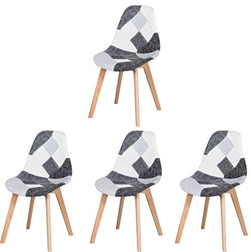 GrandCA HOME 4er Set Stühle mit Sitzkissen aus Patchwork-Stoff, Esszimmerstühle mit Holzbeinen aus Metall für Wohnzimmer, Esszimmer und Küche, Schwarz+Weiß
