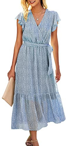 ASOMI Kleid Damen Sommer Boho: Blumen Herbst Wickelkleid Frühling Mode Lang Maxikleid V-Ausschnitt Casual Kurzarm Strandkleid Langarm Rüschen Freizeitkleid mit Gürtel 121 Hellblau 40
