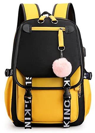 FANDARE Schulrucksack Mädchen Schulranzen Jungen Schultasche mit USB-Ladeanschluss Teenager Daypacks für Damen Universität Reisen Ergonomischer Kinder Schultasche mit Haarballen-Anhänger Gelb