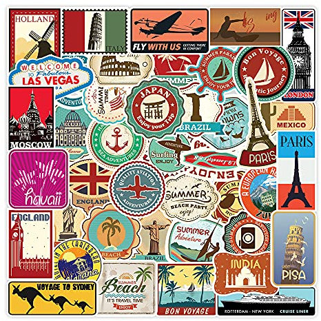 100PCS Travel Map City Stickers, Vinyl Waterproof World Tourism Landmarks Stickers Pack for Adults Teens, Famous Attractions Building Street Scenic Cityscape, Vintage Stamp Decals for Laptop, Luggage