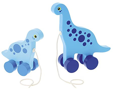 Trefl - Dinos: Sauropod, Wooden Toys, Helden und Bär - Holzspielzeug 2in1, Dinosaurier auf Rädern, Zauropod, Zugschnur, Öko Naturholz, für Kinder ab 12 Monaten