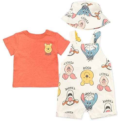 Disney Tigger Winnie the Pooh Baby French Terry Short Jumpsuit, T-Shirt and Hat, 3 Piece Outfit Set, Newborn to Toddler, Pooh / Tigger / Piglet / Eeyore, 0 Month