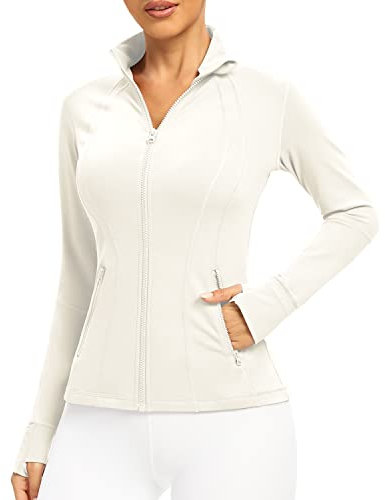 QUEENIEKE Women's Slim Fit Running Jackets - Long Sleeves Athletic Workout Gym Tops with Back Mesh Vent & Thumb Holes (Lvory White, Medium)