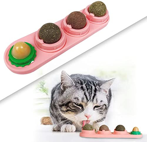 FIPASEN Katzenminze Ball Spielzeug, 4 Stück Katzenminze Wand Ball für Katzen/Kätzchen, Zähne putzen und den Magen schützen - Rotierendes Katzenleckspielzeug Enthält Katzenminze/Zucker(Rosa)