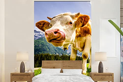 Selbstklebend Tapete Wandpapier Wandaufkleber Fototapete Tapeten Wanddeko 180x280 cm Kühe - Berge - Gras - Landschaft - Alpen