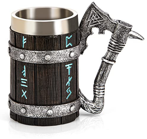 Viking Nordic Rune Mug - Norse Mythology Gifts, Beer Cup, Tankard for Men, Wooden Barrel Cool Coffee Mugs, Beer Stein for Nordic Decor (Style 1)