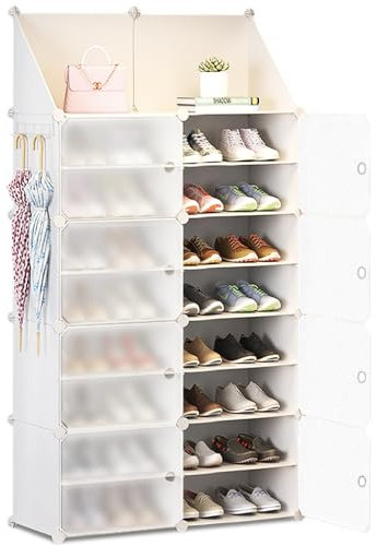 HOMCENT Schuhregal mit Türen, Erweiterbarer Stand Schuhschrank für 16-32 Paar Schuhe, Hausschuhe, Kunststoff Schuhregale für Flur Schlafzimmer Eingang, 2x8 Etagen, Weiß