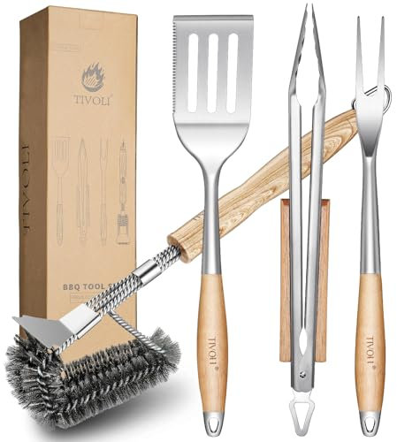 TIVOLI Set di Utensili per Barbecue 4 Pezzi Set Completo di Accessori per Grigliate per Uomini: Set Premium da 4 Pezzi con Pinza per Griglia, Spatola, Spazzola per Griglia