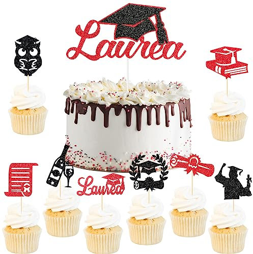 HOWAF Decorazioni Laurea Tavolo Cake e Cupcakes Topper per Torta Rosso Glitter Cappello da Scapolo Gufo,Addobbi per Festa