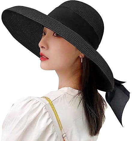 SIQITECHUK Women's Black Straw Hat with Bowknot, Wide Brim UPF 50+ Sun Protection, Foldable, Lightweight, Casual Outings, Summer, Adult Women's Wide Brim Sun Hat