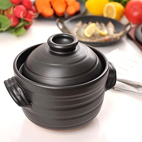 NMNMNM Plato para cazuela con Tapa Olla Caliente de cerámica Cazuela Olla de Barro Olla Negra Grande Olla de arroz Olla de Sopa Resistente al Calor Sartén para estofado Inicio , 1.7L