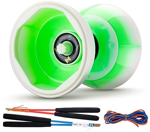 MAGICYOYO Pro Triple Bearing Diabolo Medium Size 5” Blue Chinese Yoyo Toy with 2 Pair Carbon Sticks+ 2 Extra Strings +1 Net Bag, High Performance Chinese Yoyo Diabolo Skill Toy - Green White