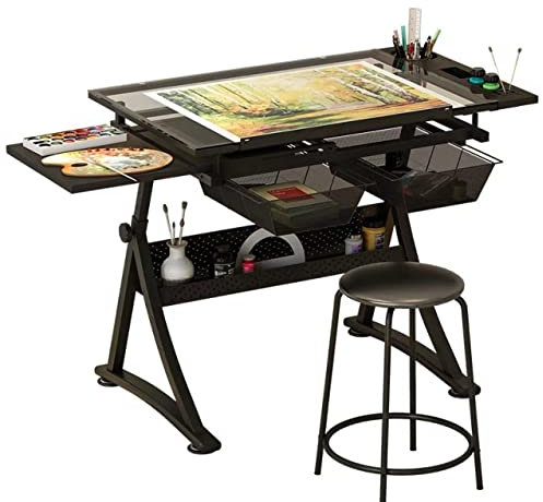 Zeichentisch aus Glas, höhenverstellbarer Zeichentisch mit Hocker, neigbarer Schreibtisch, Kunsttisch 0°–50°, Maltisch mit gehärteter Glasplatte, Arbeitsplatz für Kunsthandwerk, mit 2 Schubladen