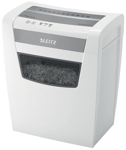 Leitz IQ Aktenvernichter Office S, 14-12 Blatt Kapazität (70-80 g/m²), TÜV+GS zertifiziert, Partikelschnitt, Sicherheitsstufe P4, Besonders leise, 23L Behälter, Schredder für Büro, Weiß, 80990000