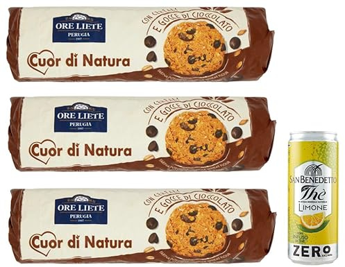 3er-Pack Ore Liete Cuor di Natura Biscotti,Kekse mit Getreide und Schokoladentropfen,mit Vollkornmehl und ohne Zuckerzusatz,250g + 1er-Pack San Benedetto Eistee mit Zitrone Ohne Zucker 330ml Dose