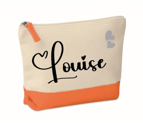 Trousse de Toilette, Pochette de Maquillage avec prénom personnalisée 20x15x5cm, Cadeau, noël, Femme (Nature/Orange)