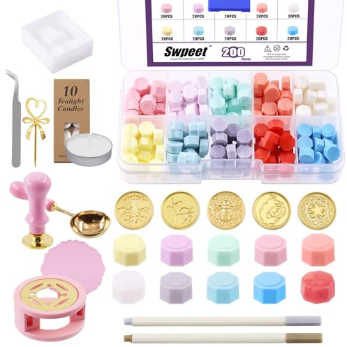 Swpeet 215Pcs Wax Seal Kit With Beads, Stamp, Warmer, Vintage Envelopes and Tealight Candles for Letter Sealing and Invitation Cards