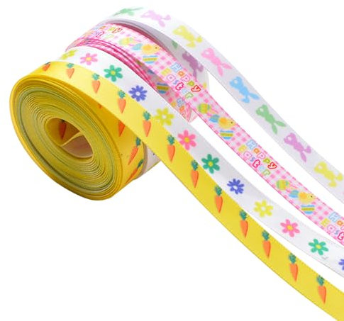 WANDIC 4 Rollen Oster-Polyesterbänder, 9,1 m, einseitiges Streifenband, Oster-Geschenkband, Hasen-Muster, Bänder für Party-Ei-Dekoration