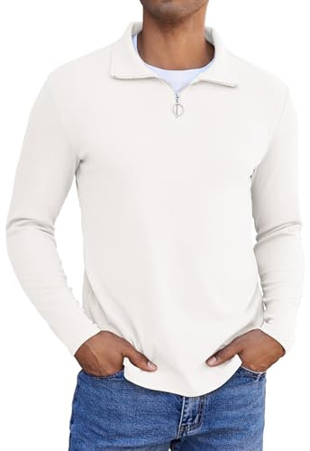 COOFANDY Herren Sweatshirt mit Reißverschluss Troyer Longsleeve Polo Pullover Poloshirt Herren Langarm Half Zip Langarmshirts Winter Männer Langarm Pulli Sweater Troyer Weiß L