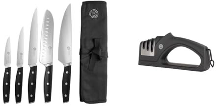 MasterChef Chef Knife Set with Bag, Professional Chef Knives x 5 with Knife Roll Bag & Kitchen Knife Sharpener 3 Stage Sharpening System (Coarse/Medium/Fine)