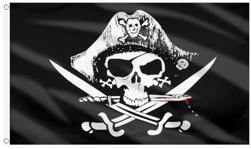 AhfuLife Bandera Pirata 3x5 ft, Bandera Pirata Grande con Cráneo y Navaja Cruzada, Bandera con Calavera de Poliéster con 2 Ojales Impermeable para Fiesta Pirata Decoración de Halloween (1pcs)