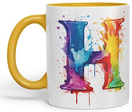 Vixar Letter H Mug, Alphabet Letter H Monogram Watercolour Ceramic Coloured Mug Cup for Tea Coffee Hot Brew 330ml 11Oz Gift (G Yellow)