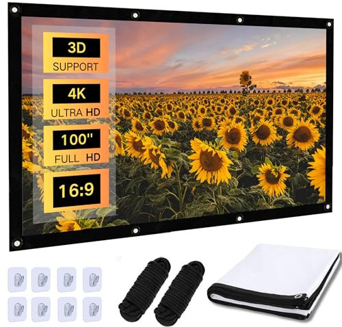 SQAQS Projector Screen 100 Inch with 8 stick hooks, 2 × 5 m ropes, Portable Movie Screen 16:9 HD 4K Foldable Theatre Cinema Screen, Anti-Crease Portable Projector Screen for Outdoor