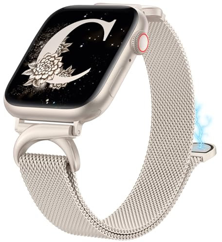 BEEXI Stainless Steel Loop Compatible with Apple Watch Strap 40/41/38/42mm, Elegant Metal Mesh Magnetic Slim Strap with C-Shape Clasp for iWatch Series 11 10 9 8 7 6 5 4 3 SE(3 2 1) (Starlight)