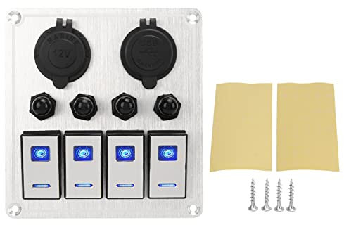 XTevu Pannello interruttori a bilanciere a 4 bande Pannello interruttori a levetta impermeabile per barche marine Ossido d'argento On Off con doppia luce blu Interruttore on off