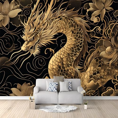 Goldener Chinesischer Drache Lotusblume Fototapete Panorama Wandbild Gold Art Fototapete Wandtapete Wohnzimmer Kinderzimmer Wanddeko Vlies Tapeten Poster TV Hintergrund Wandbilder 300x210 cm