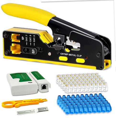 RJ45 Crimp Tool Pass Through Ethernet Crimping Tool for Cat5 Cat6 Cat7 End Pass Through Connector, Support Cutting, Stripping, Cutting, Compatible with RJ45, RJ11, and RJ12