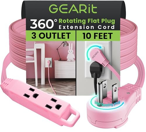 GEARit - 360 Swivel Flat Plug Extension Cable with 3 Outputs (10 Feet, Pink) 16AWG/13A 3 Pin Cable, Output Saving for Home, Office, Bedroom, Room