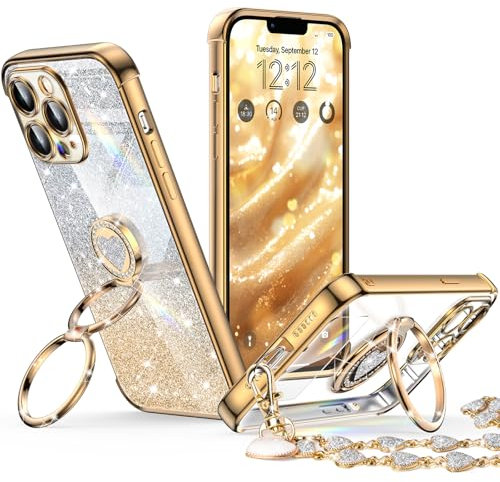 XYZ Clear Gold Phone Case Cover for iPhone 13 Pro | with Stand, with Double Ring Kickstand, Women Girls, Bling, Luxury, Glitter, Heart