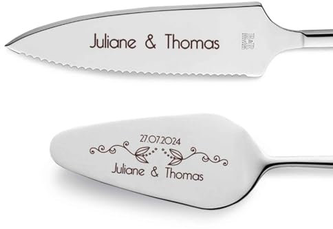GRAVURZEILE Cake Server with Cake Knife with Personalised Engraving - Flower Tendril - Gift for Wedding - High-Quality Stainless Steel - Dishwasher Safe - Wedding Gifts for Bride and Groom - Silver