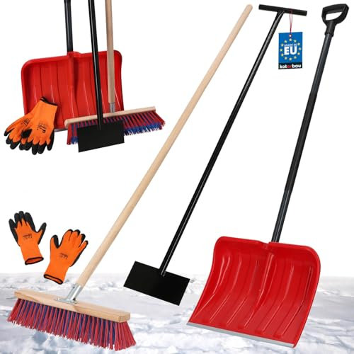 KOTARBAU® Set Schneeschaufel mit Metallgriff 133 cm Straßenbesen mit Stiel 150 cm Eisschaber 119 x 20 cm + Handschuhe Schneeschieber Schneeräumer Schneeschaufel Stiel zur Schneeräumung