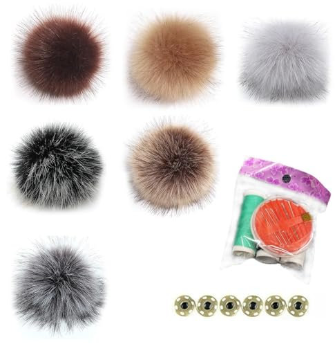 PARFCO 6 Stücke Fellbommel für Mützen, Abnehmbare Mützenbommel, mit Druckknöpfen Bommel für Mützen, Sechs Farben, Passendes Nähset, für Mützen, Stricken, Schals
