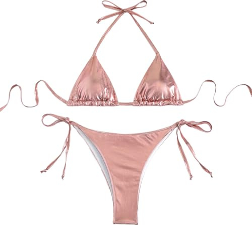 THSCWY Damen Metallic Bikini Halter Top Zweiteiliger Badeanzug Krawatte Seite Dreieck Bikini mit gepolstert