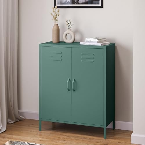 skølm Atria Kommode Metall – Sideboard für Wohnzimmer in Dunkelgrün – Metallschrank mit Doppeltür – Aufbewahrungsschrank 100x80x38 cm – Mehrzweckschrank mit verstellbaren Einlegeböden – Küchenschrank