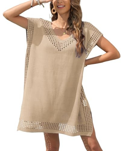 JFAN Robe de Plage Femme Ete Crochet V-Cou Cache Maillot de Bain Femme Plage Bikini Cover Up Kaki