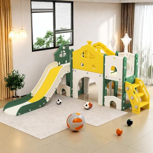 7-in-1 Kinderrutsche Outdoor & Indoor,Babyrutsche mit Basketballkorb Kletterleiter,Stauraum,Rutsche für Den Garten,Kinder Spielplatz Gartenrutsche für 1-3 Jahre, Gelb