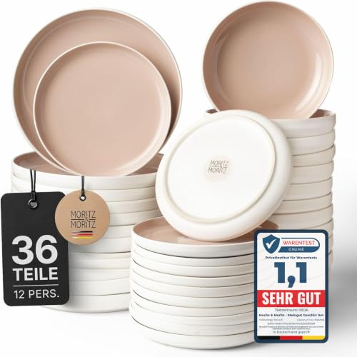 Moritz & Moritz Steingut Geschirrset 12 Personen 36-tlg. - Modernes Tafelservice in der Farbe Almond - Pflegeleichtes Kombiservice mit Teller Set & Schüsseln - Geschirr der Serie Cavo