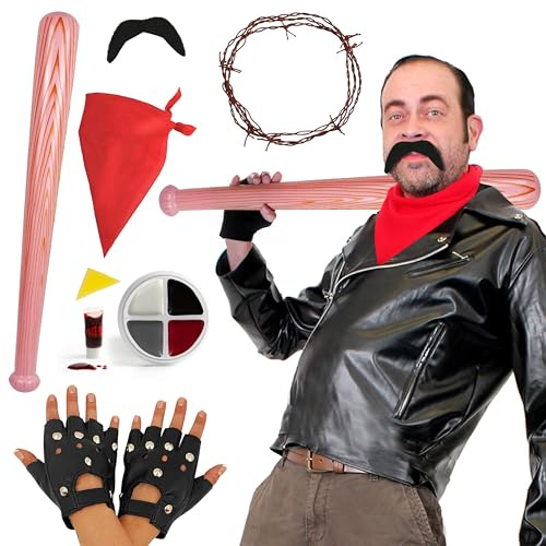Costume ispirato a Negan, giacca in pelle, bandana rossa, pipistrello gonfiabile e baffi, per adulti, per travestimento e cosplay, taglia XXL