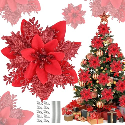 TWSOUL - 20 pezzi di fiori di Natale scintillanti, fiori di stella di Natale scintillanti per Natale, fiori artificiali di Natale con clip e filo di ferro per decorazioni dell'albero di Natale
