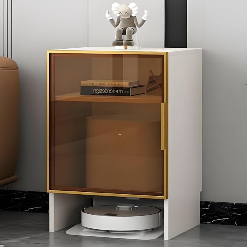 Kaverno Aufbewahrungsschrank Aus Massivholz Mit Gehärteter Glastür Für Saugroboter, Hoher Versteckter Schrank, Beistelltisch Für Wohnzimmer Büro Küche(Gold)