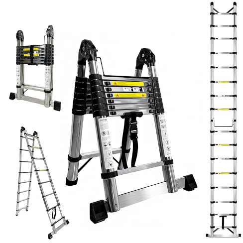 Brsheco Teleskopleiter 5M Edelstahl Leiter 5m mit Stabilisator Groosse Anwendbarkeit Teleskop Stehleiter Haushaltsleiter,150 kg Belastbarkeit