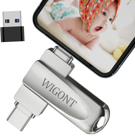 WIGONT USB Stick 128GB, 3 in 1 USB Stick um mehr Fotos und Videos zu Speichern. Speicherstick für i0S/Android/PC, mit Separatem USB Adapter. Speicherstick für Handy Keine APP Erforderlich.
