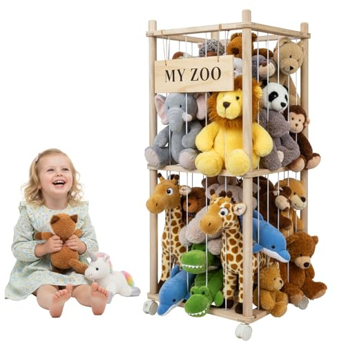 Neulriscn Wooden Stuffed Animal Storage, Soft Toy Storage, Solid Wood Zoo Cage with Wheels, Cuddly Toys Holder with Elastic Band, Stuffed Animals Organizer for Nursery, Kids Room, Playroom, 95*40*40cm