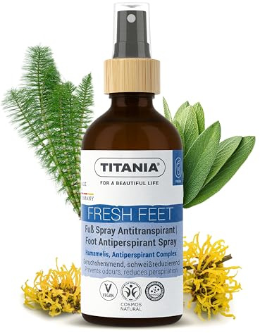 TITANIA Fuß Spray Antitranspirant 100 ml - Pump Spray gegen Geruch antibakteriell, ohne Alkohol & Aluminiumsalze, Foot Antitranspirant Spray mit Teebaumöl, Rosmarin & Thymian - COSMOS Natural, Vegan