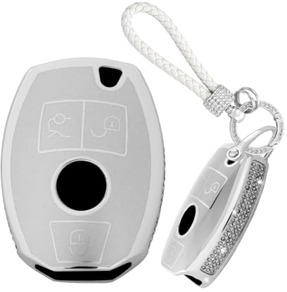 Rondrive Diamant-Schlüsselanhänger, kompatibel mit Mercedes-Benz A B C E S G M V Klasse CLA CLS GLA GLC GLE GLK GLS SL SLK SLK SLC Viano Soft TPU Autoschlüsselhülle für Mädchen und Frauen, Silber